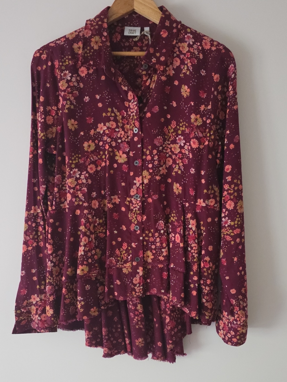 True Craft Burgundy Floral Button-Down Peplum Shirt